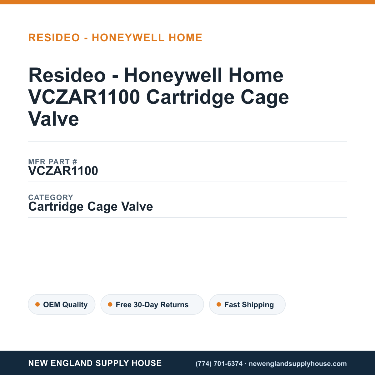 Resideo - Honeywell Home VCZAR1100 Cartridge Cage Valve — New England Supply House spec card [NESH-SPEC-CARD-V2]