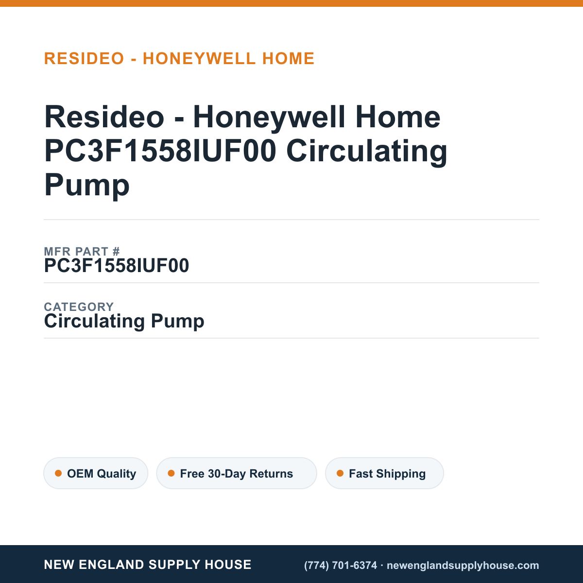 Resideo - Honeywell Home PC3F1558IUF00 Circulating Pump — New England Supply House spec card [NESH-SPEC-CARD-V2]