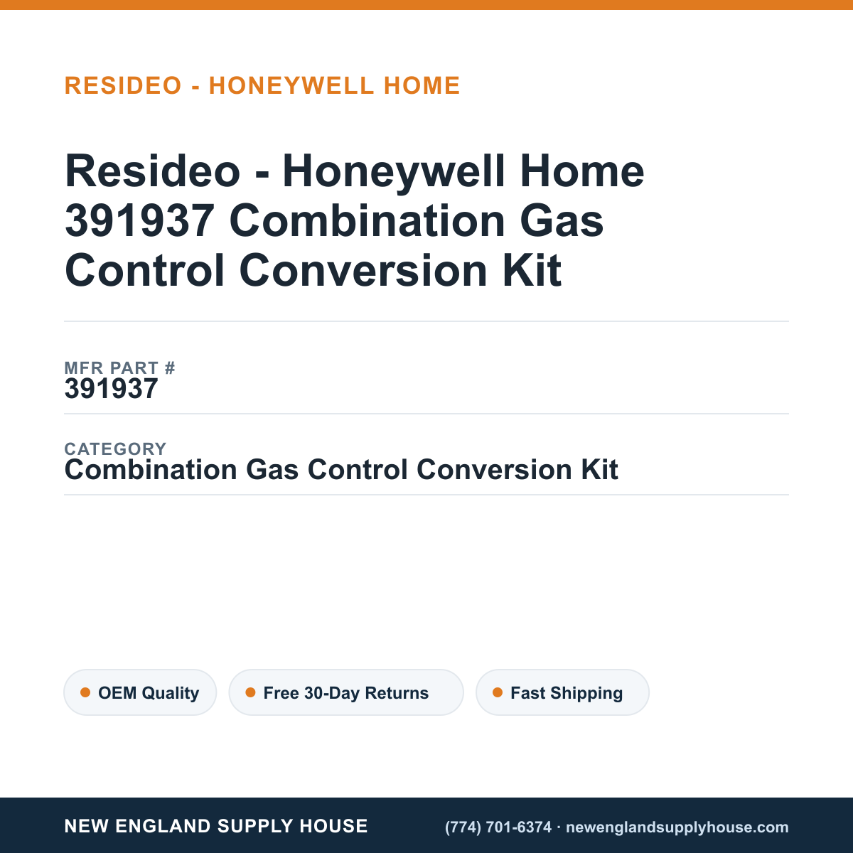Resideo - Honeywell Home 391937 Combination Gas Control Conversion Kit — New England Supply House spec card [NESH-SPEC-CARD-V2]