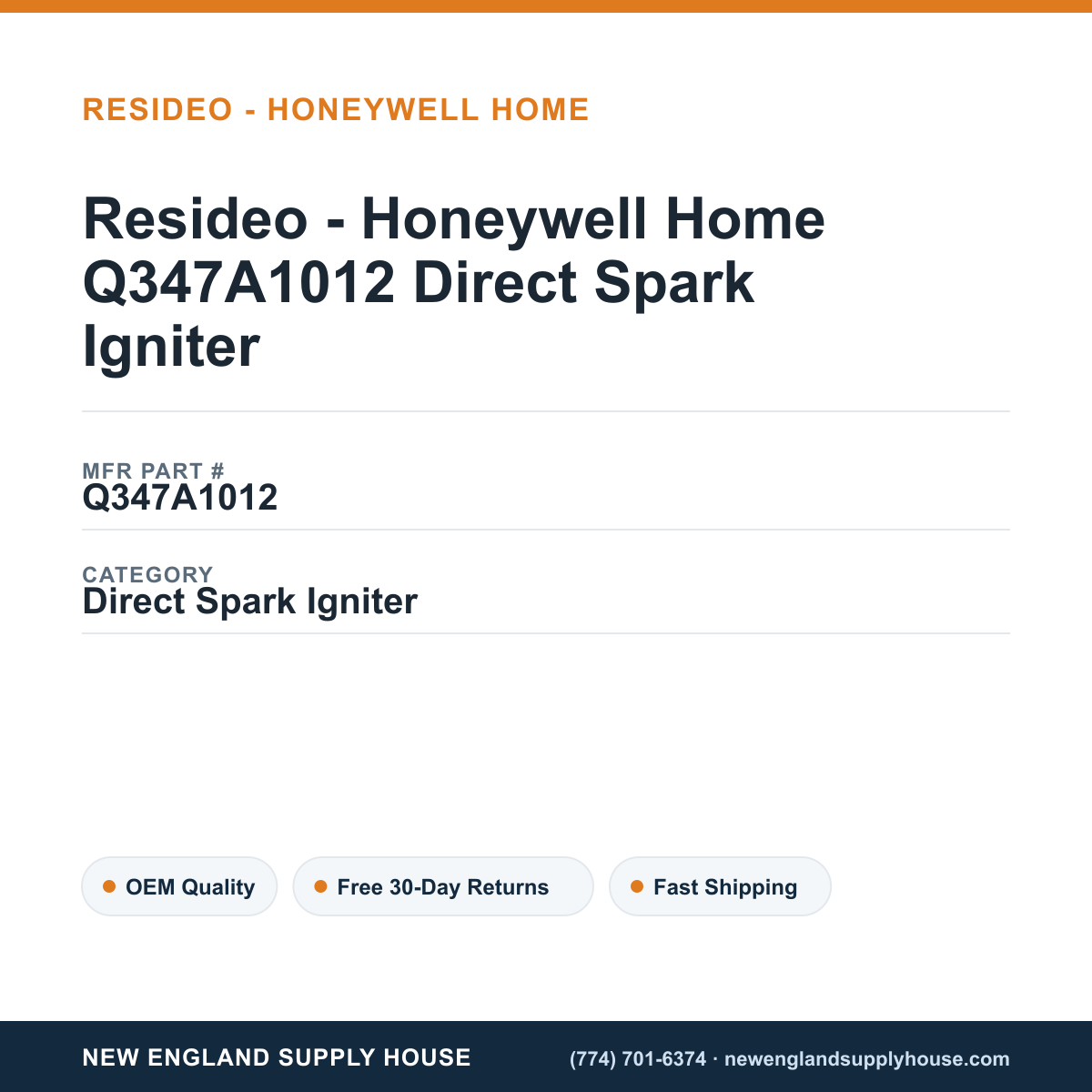 Resideo - Honeywell Home Q347A1012 Direct Spark Igniter — New England Supply House spec card [NESH-SPEC-CARD-V2]