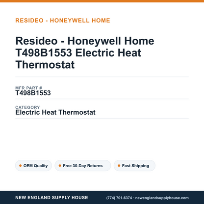 Resideo - Honeywell Home T498B1553 Electric Heat Thermostat — New England Supply House spec card [NESH-SPEC-CARD-V2]