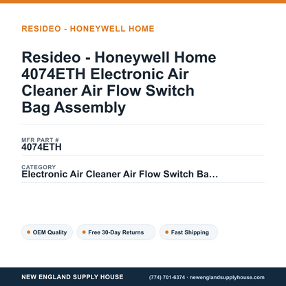 Resideo - Honeywell Home 4074ETH Electronic Air Cleaner Air Flow Switch Bag Assembly — New England Supply House spec card [NESH-SPEC-CARD-V2]