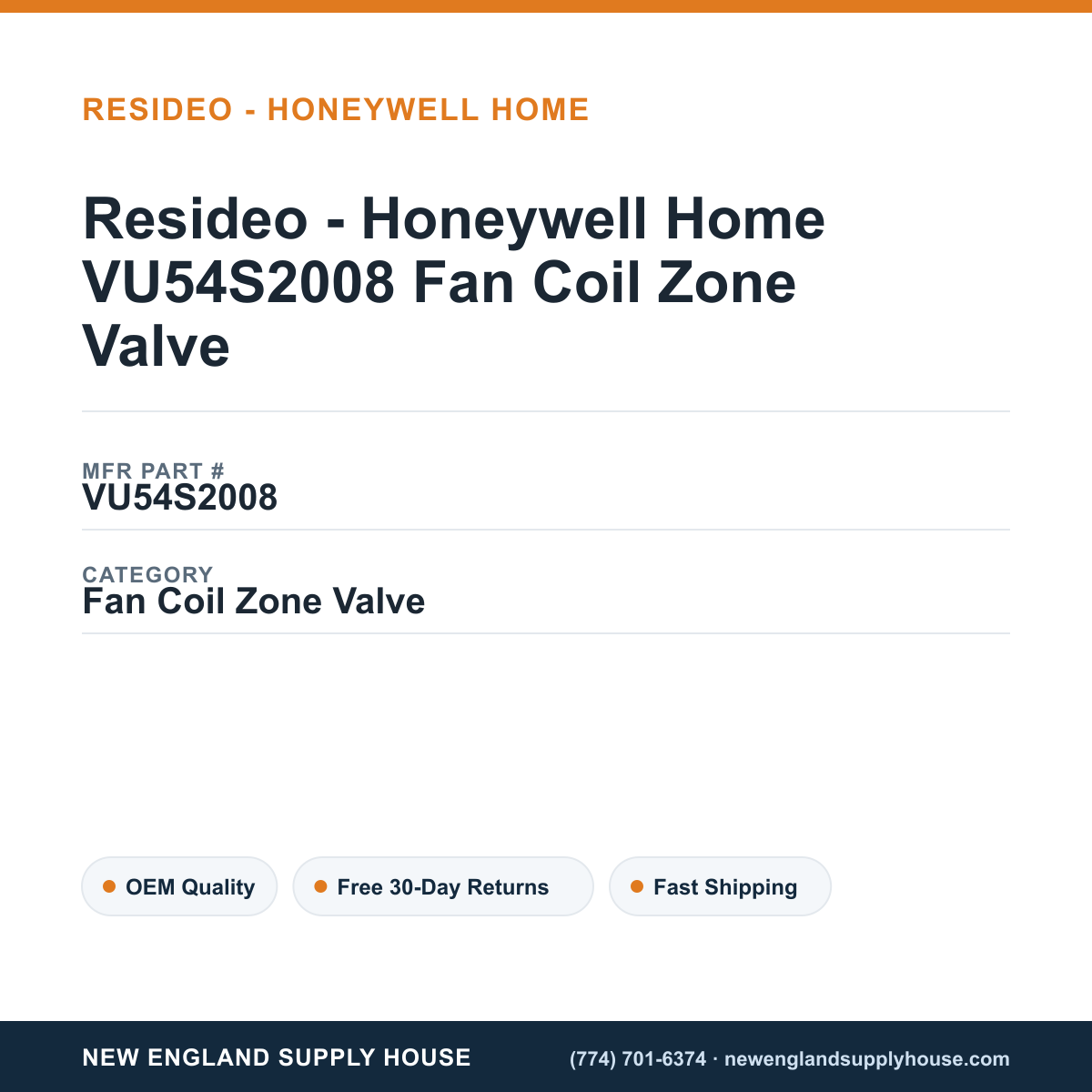 Resideo - Honeywell Home VU54S2008 Fan Coil Zone Valve — New England Supply House spec card [NESH-SPEC-CARD-V2]
