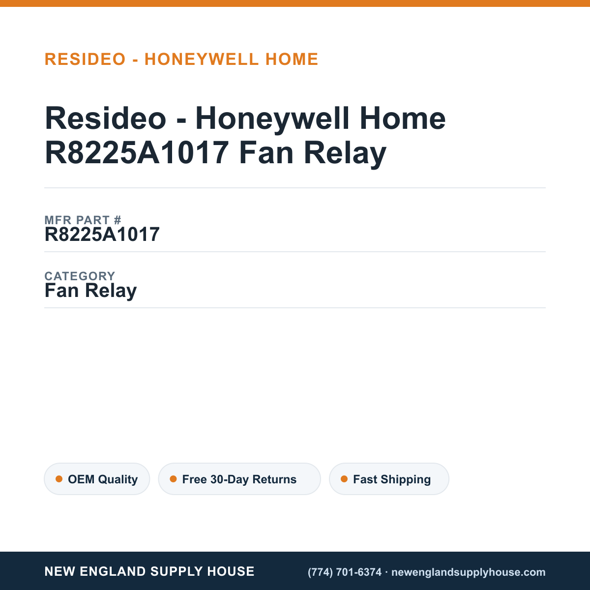 Resideo - Honeywell Home R8225A1017 Fan Relay — New England Supply House spec card [NESH-SPEC-CARD-V2]
