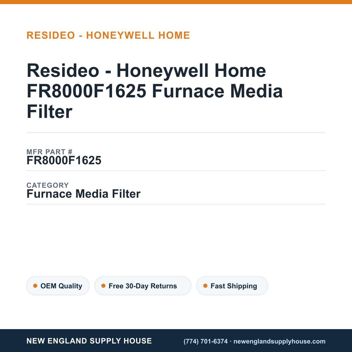 Resideo - Honeywell Home FR8000F1625 Furnace Media Filter — New England Supply House spec card [NESH-SPEC-CARD-V2]