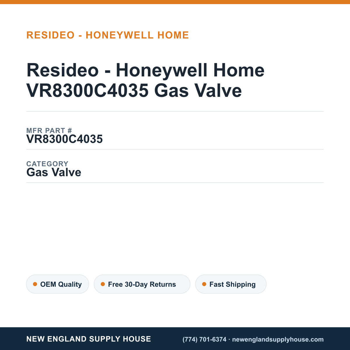 Resideo - Honeywell Home VR8300C4035 Gas Valve — New England Supply House spec card [NESH-SPEC-CARD-V2]