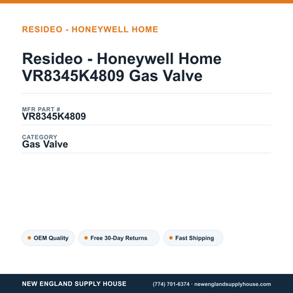Resideo - Honeywell Home VR8345K4809 Gas Valve — New England Supply House spec card [NESH-SPEC-CARD-V2]