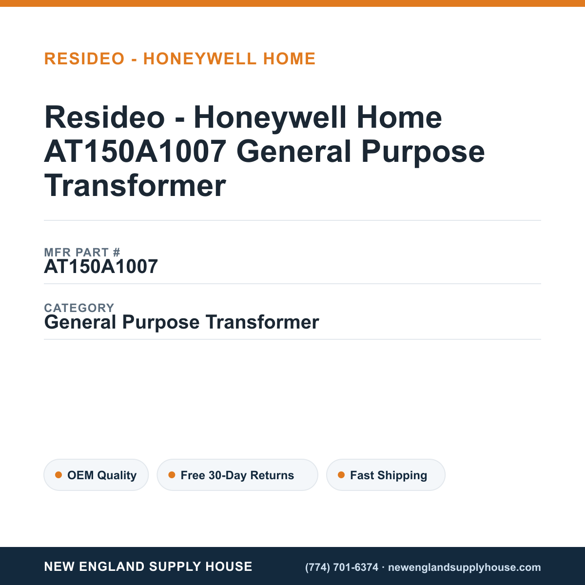 Resideo - Honeywell Home AT150A1007 General Purpose Transformer — New England Supply House spec card [NESH-SPEC-CARD-V2]