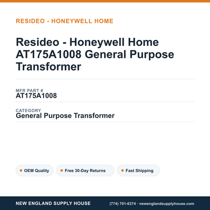 Resideo - Honeywell Home AT175A1008 General Purpose Transformer — New England Supply House spec card [NESH-SPEC-CARD-V2]
