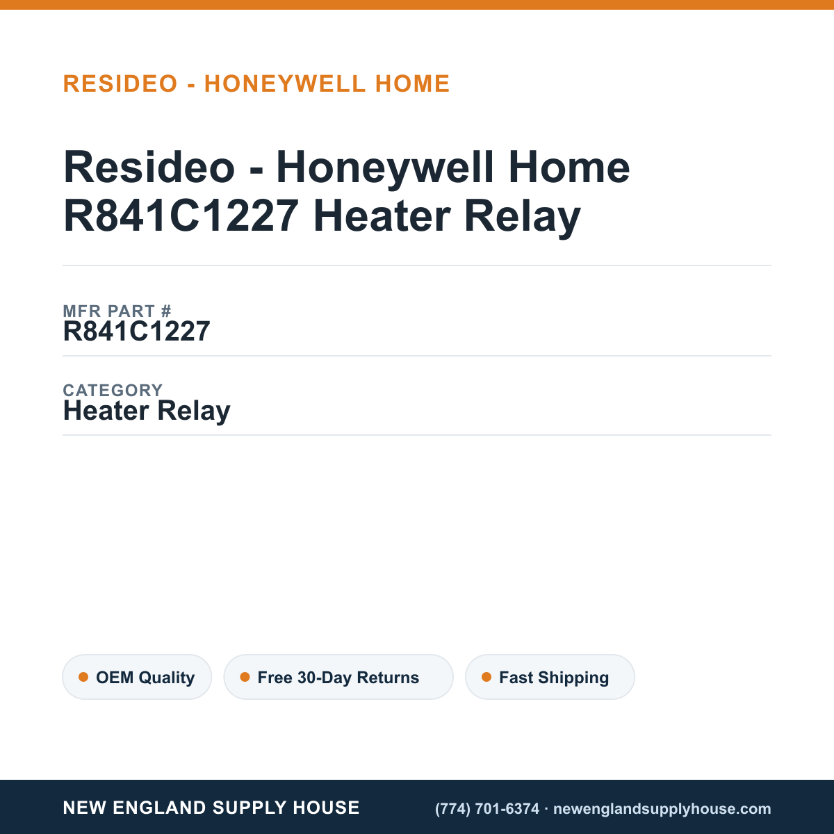Resideo - Honeywell Home R841C1227 Heater Relay — New England Supply House spec card [NESH-SPEC-CARD-V2]