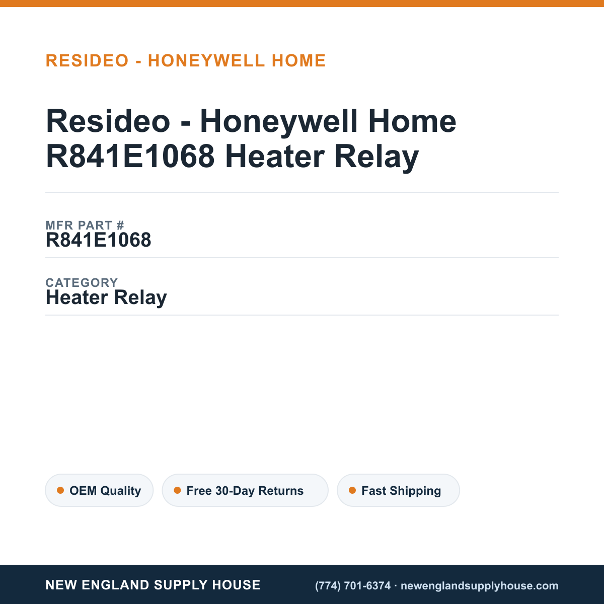 Resideo - Honeywell Home R841E1068 Heater Relay — New England Supply House spec card [NESH-SPEC-CARD-V2]
