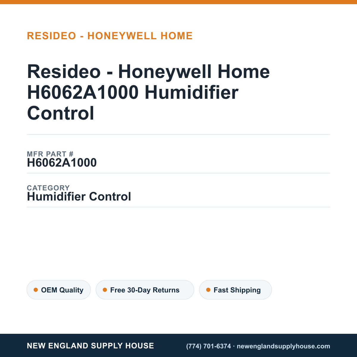 Resideo - Honeywell Home H6062A1000 Humidifier Control — New England Supply House spec card [NESH-SPEC-CARD-V2]