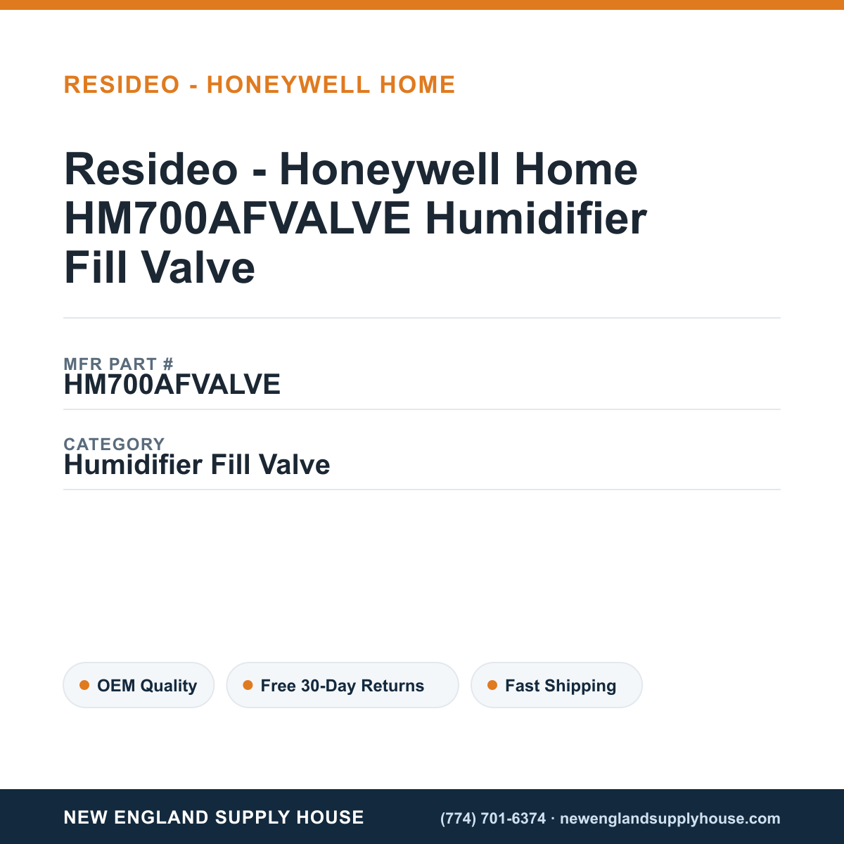 Resideo - Honeywell Home HM700AFVALVE Humidifier Fill Valve — New England Supply House spec card [NESH-SPEC-CARD-V2]