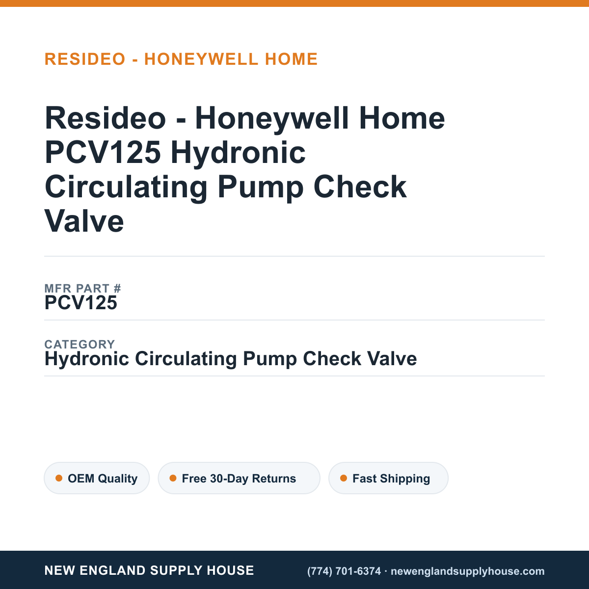 Resideo - Honeywell Home PCV125 Hydronic Circulating Pump Check Valve — New England Supply House spec card [NESH-SPEC-CARD-V2]