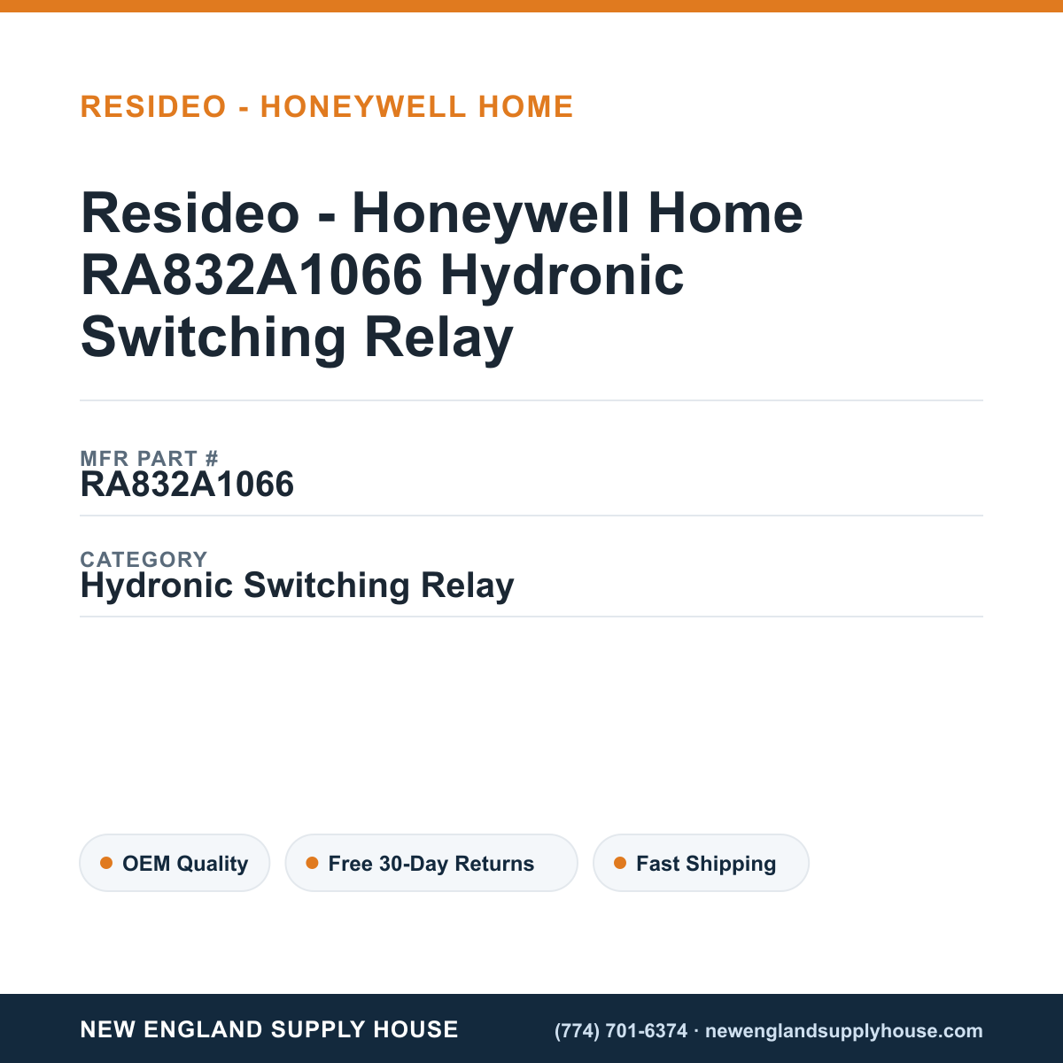 Resideo - Honeywell Home RA832A1066 Hydronic Switching Relay — New England Supply House spec card [NESH-SPEC-CARD-V2]