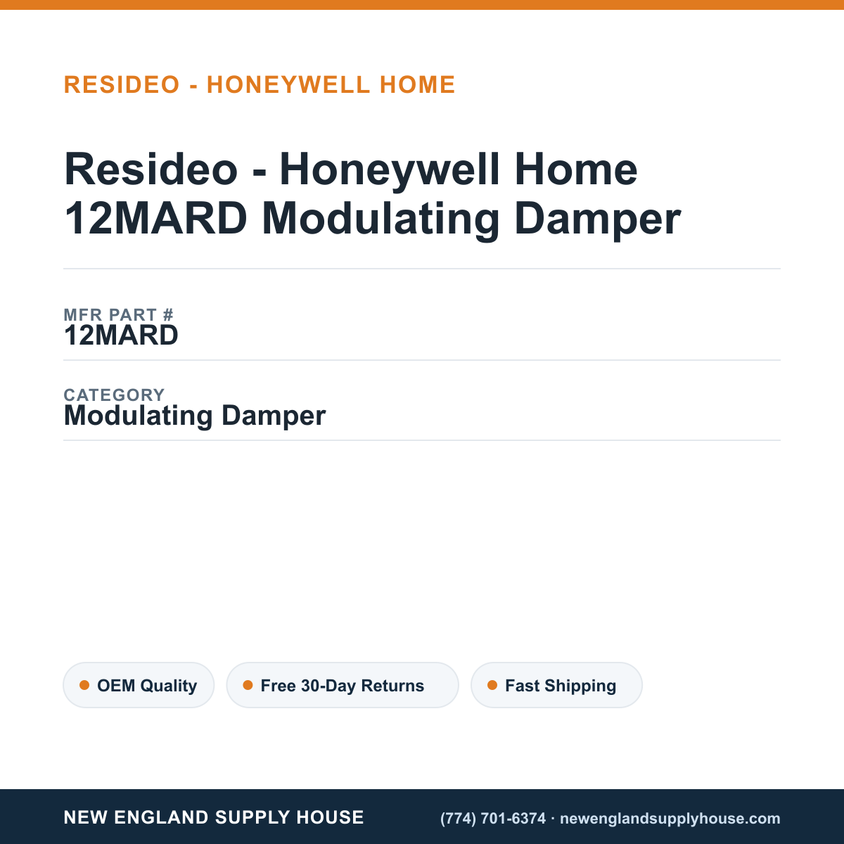 Resideo - Honeywell Home 12MARD Modulating Damper — New England Supply House spec card [NESH-SPEC-CARD-V2]