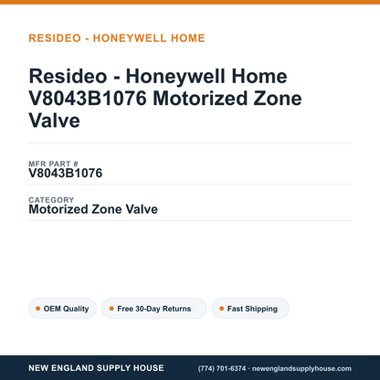 Resideo - Honeywell Home V8043B1076 Motorized Zone Valve — New England Supply House spec card [NESH-SPEC-CARD-V2]
