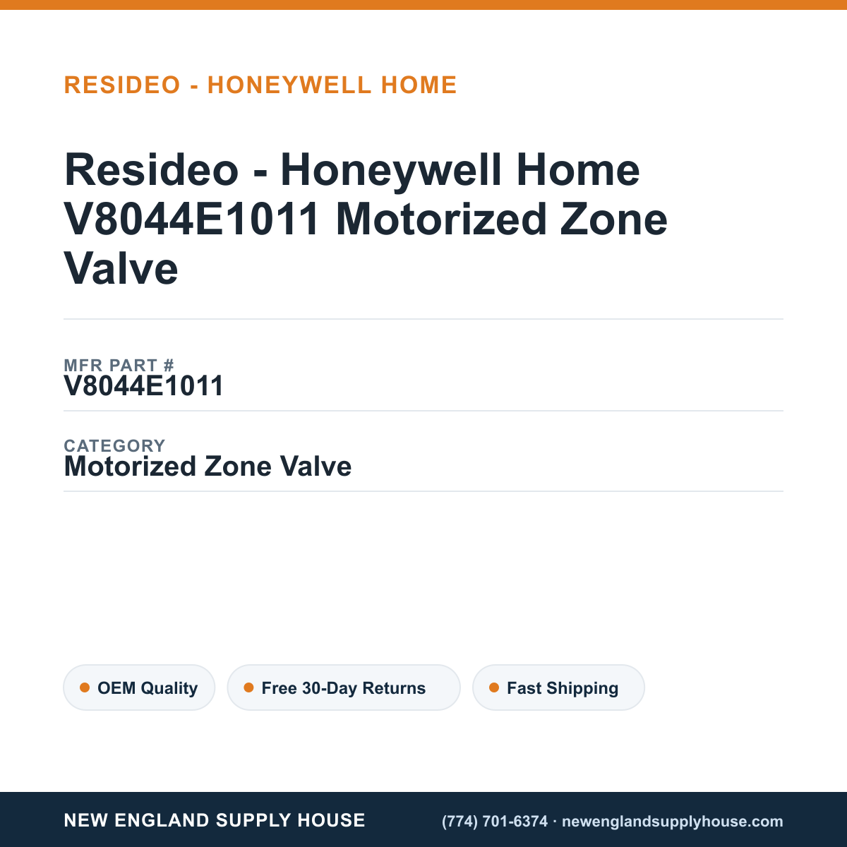 Resideo - Honeywell Home V8044E1011 Motorized Zone Valve — New England Supply House spec card [NESH-SPEC-CARD-V2]