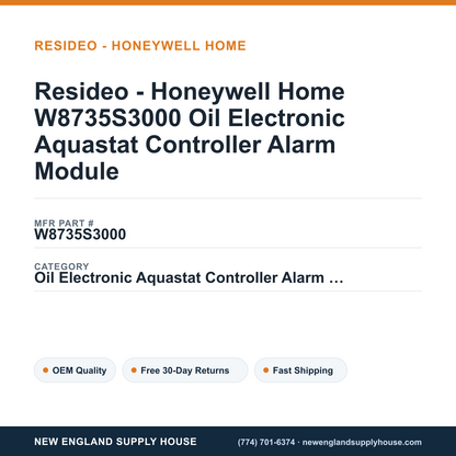 Resideo - Honeywell Home W8735S3000 Oil Electronic Aquastat Controller Alarm Module — New England Supply House spec card [NESH-SPEC-CARD-V2]