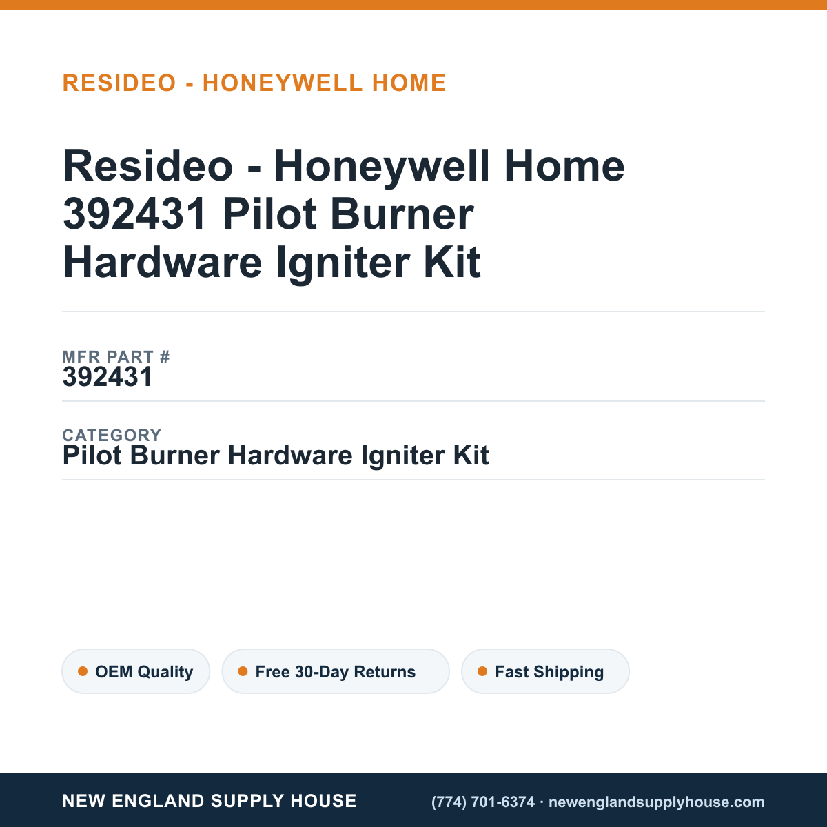 Resideo - Honeywell Home 392431 Pilot Burner Hardware Igniter Kit — New England Supply House spec card [NESH-SPEC-CARD-V2]