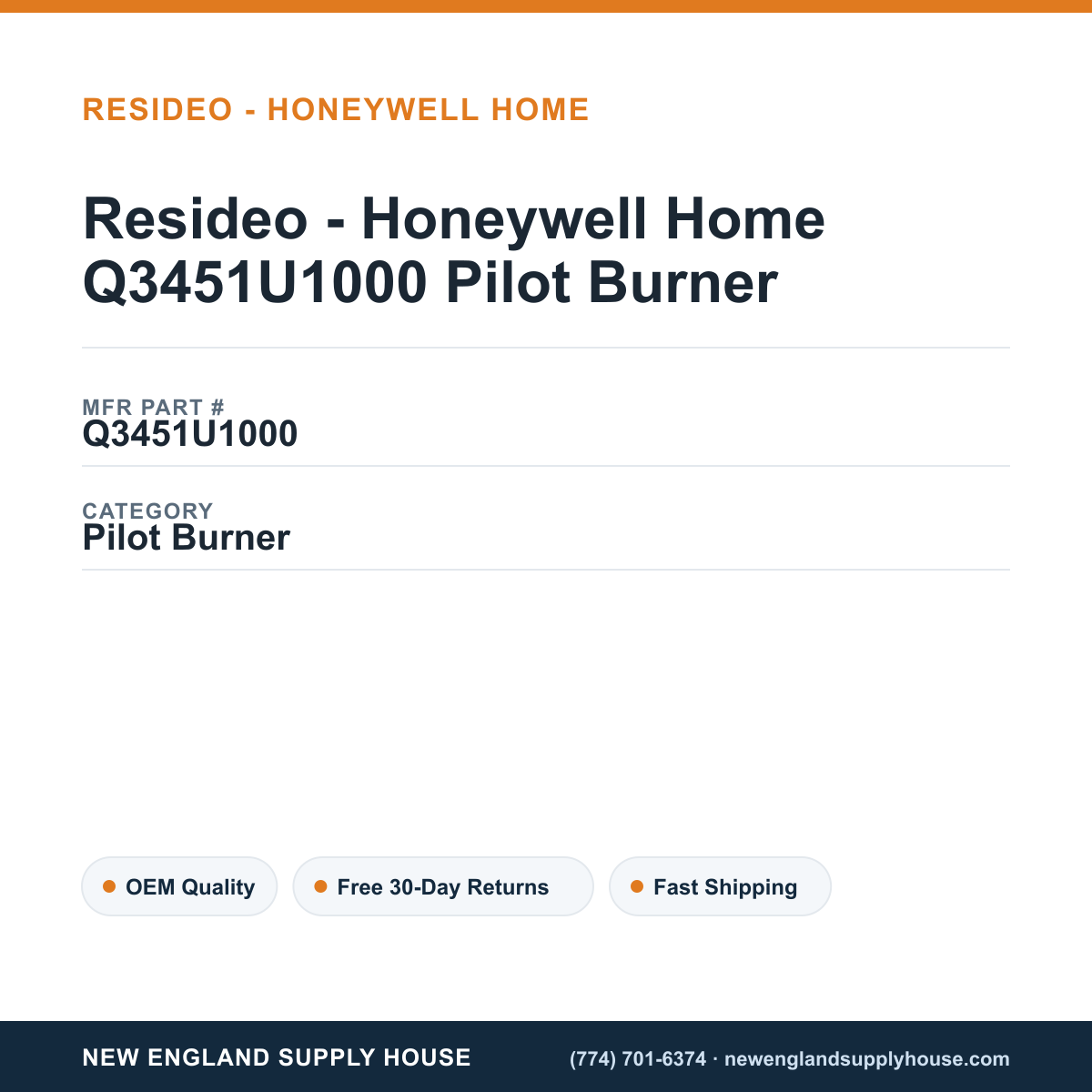 Resideo - Honeywell Home Q3451U1000 Pilot Burner — New England Supply House spec card [NESH-SPEC-CARD-V2]