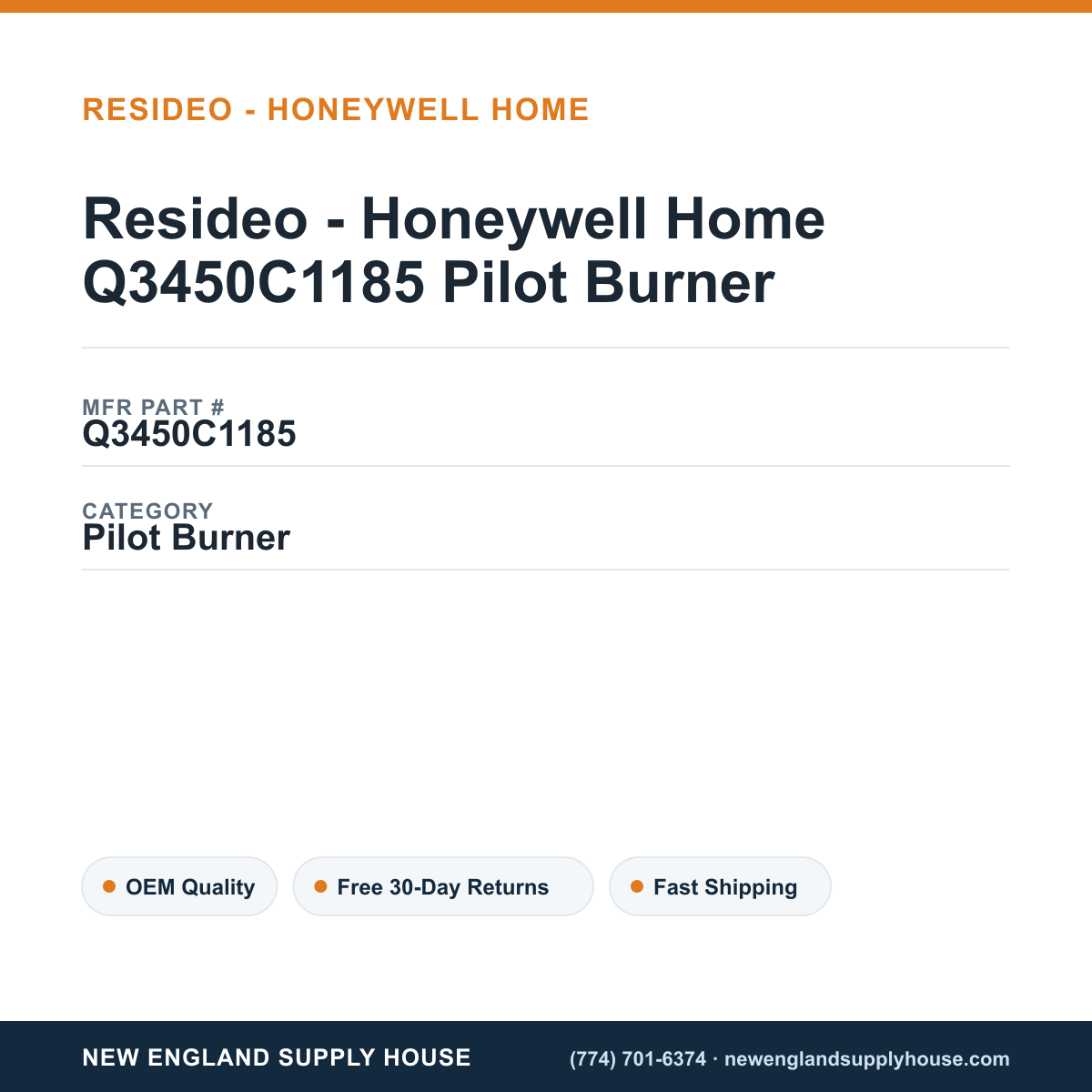 Resideo - Honeywell Home Q3450C1185 Pilot Burner — New England Supply House spec card [NESH-SPEC-CARD-V2]
