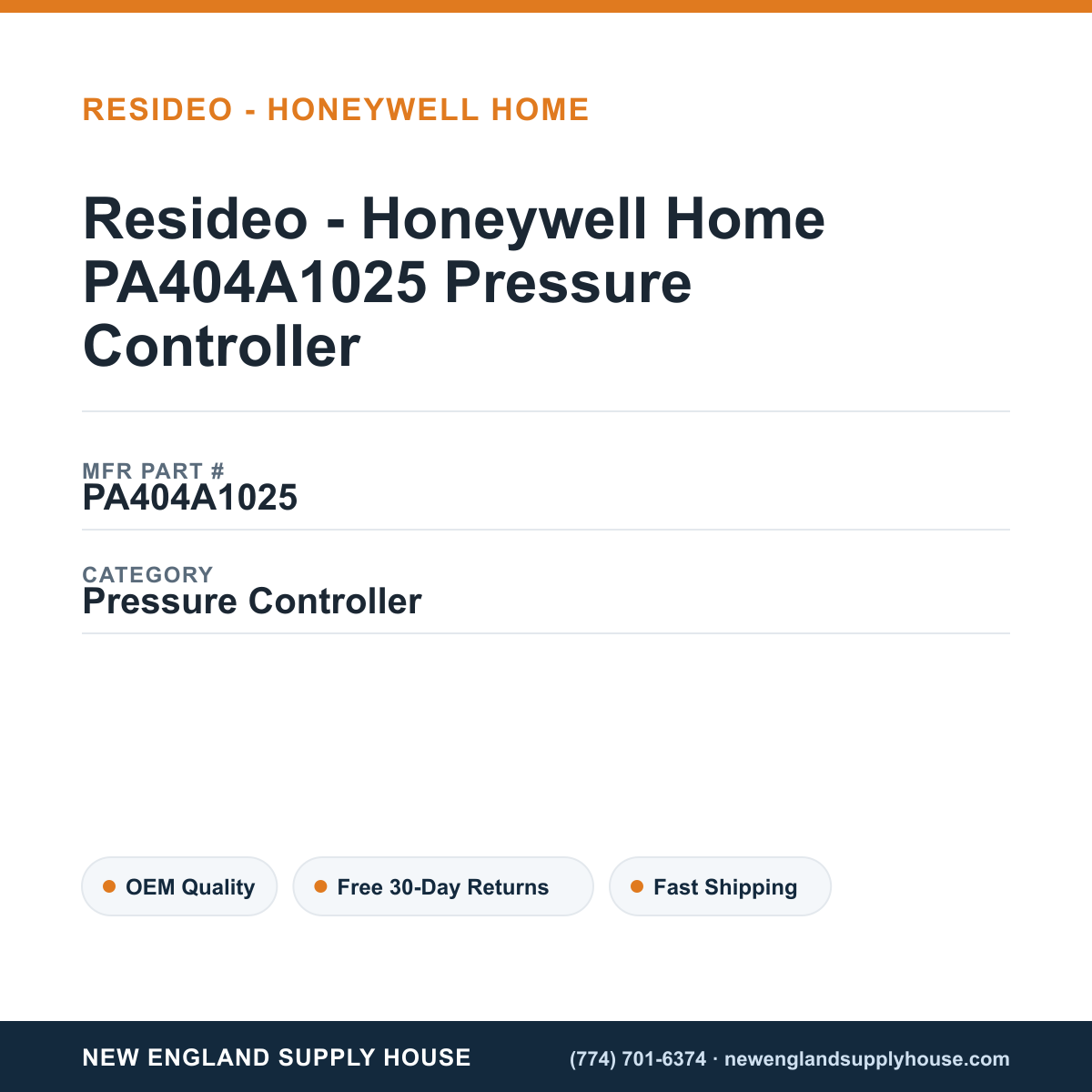 Resideo - Honeywell Home PA404A1025 Pressure Controller — New England Supply House spec card [NESH-SPEC-CARD-V2]