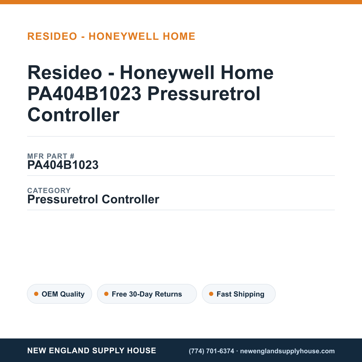 Resideo - Honeywell Home PA404B1023 Pressuretrol Controller — New England Supply House spec card [NESH-SPEC-CARD-V2]
