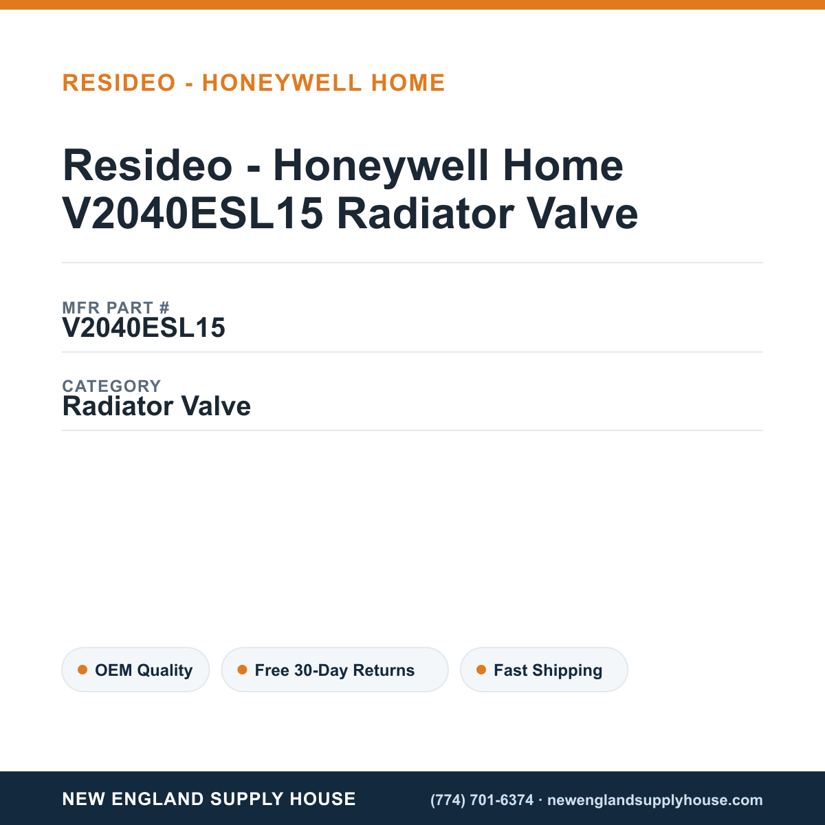 Resideo - Honeywell Home V2040ESL15 Radiator Valve — New England Supply House spec card [NESH-SPEC-CARD-V2]