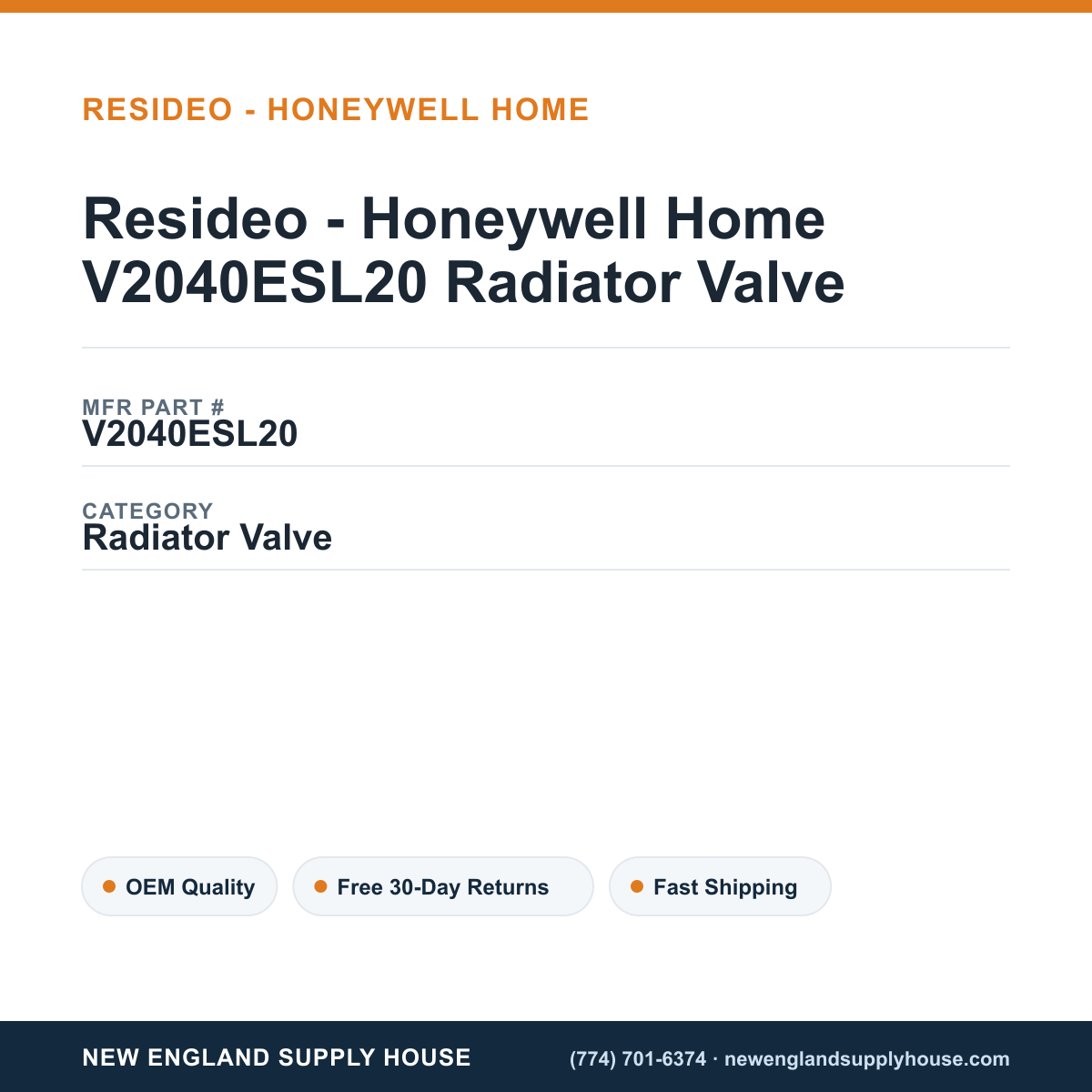 Resideo - Honeywell Home V2040ESL20 Radiator Valve — New England Supply House spec card [NESH-SPEC-CARD-V2]