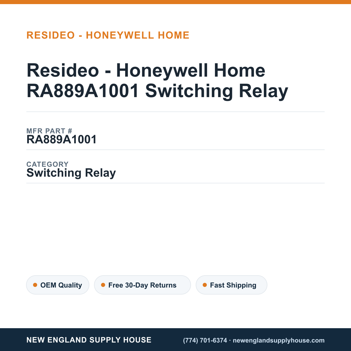Resideo - Honeywell Home RA889A1001 Switching Relay — New England Supply House spec card [NESH-SPEC-CARD-V2]