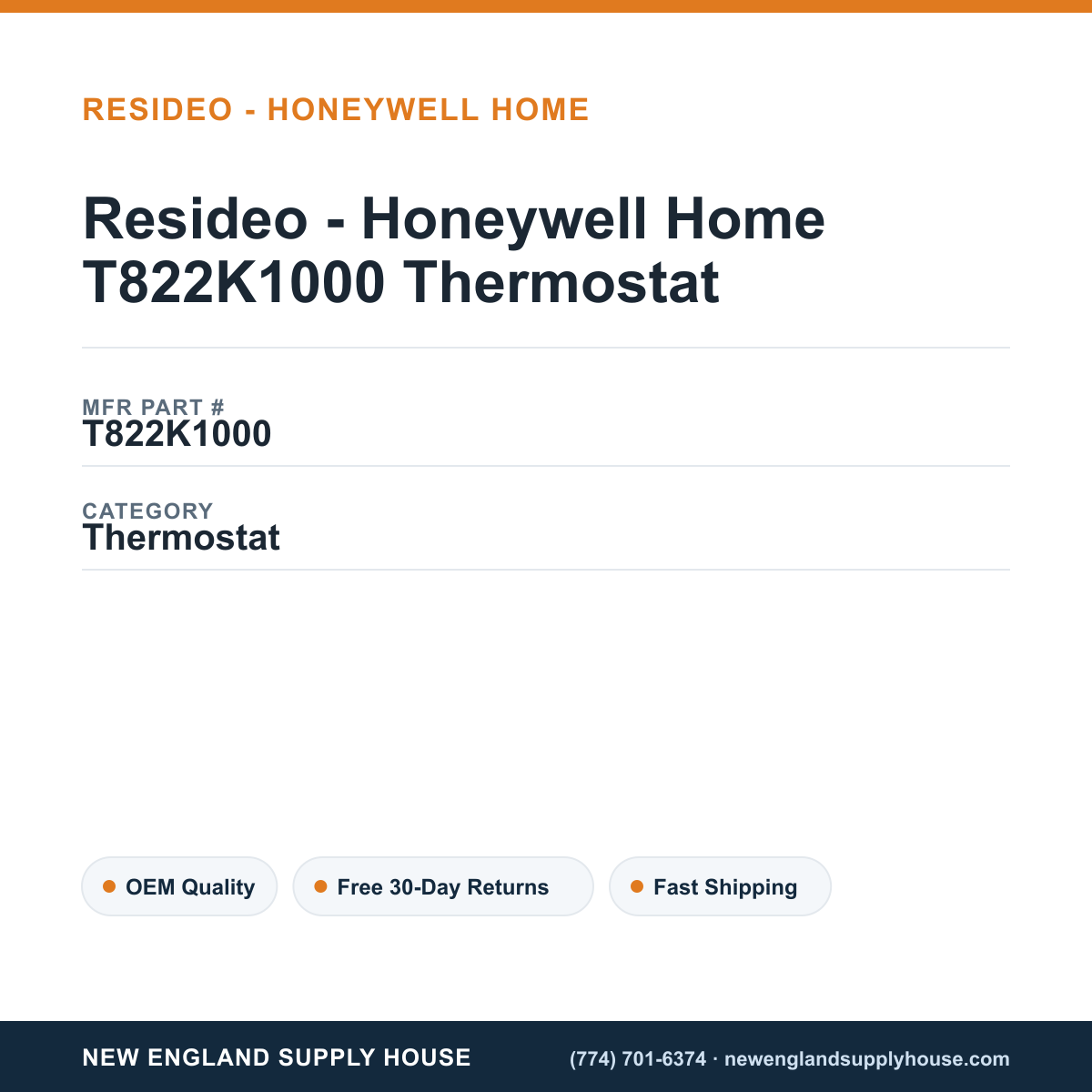Resideo - Honeywell Home T822K1000 Thermostat — New England Supply House spec card [NESH-SPEC-CARD-V2]