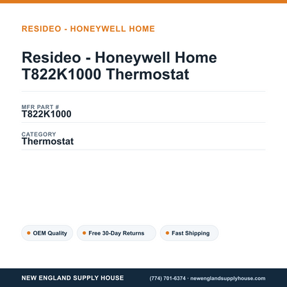 Resideo - Honeywell Home T822K1000 Thermostat — New England Supply House spec card [NESH-SPEC-CARD-V2]
