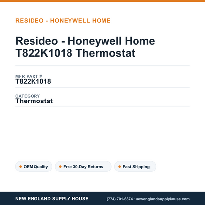Resideo - Honeywell Home T822K1018 Thermostat — New England Supply House spec card [NESH-SPEC-CARD-V2]