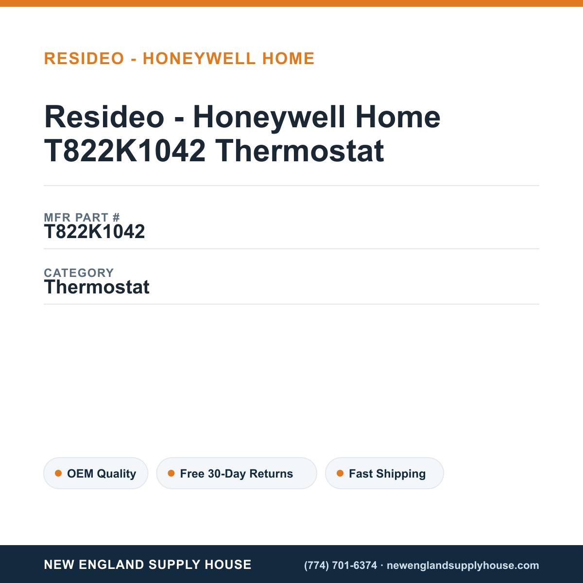 Resideo - Honeywell Home T822K1042 Thermostat — New England Supply House spec card [NESH-SPEC-CARD-V2]