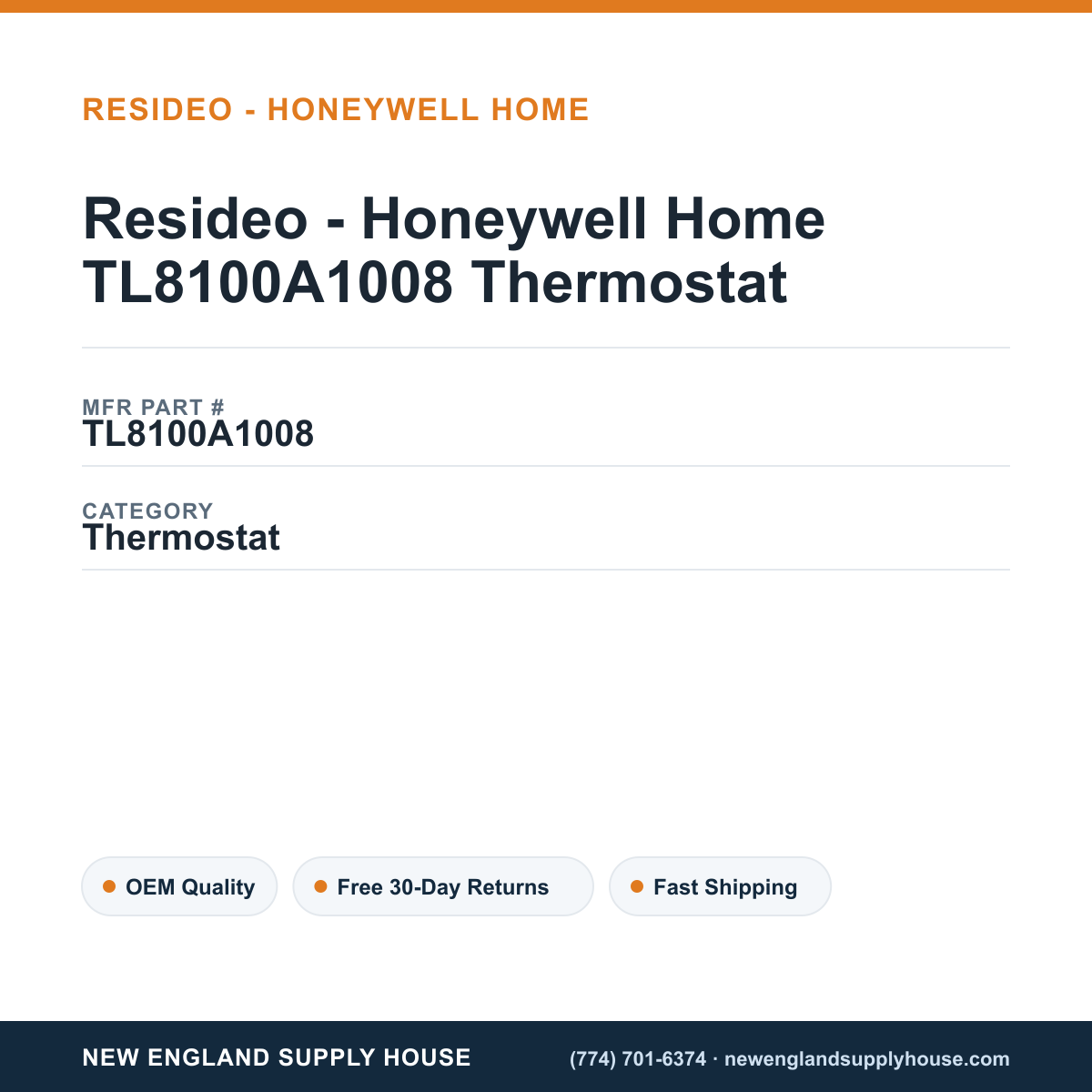 Resideo - Honeywell Home TL8100A1008 Thermostat — New England Supply House spec card [NESH-SPEC-CARD-V2]