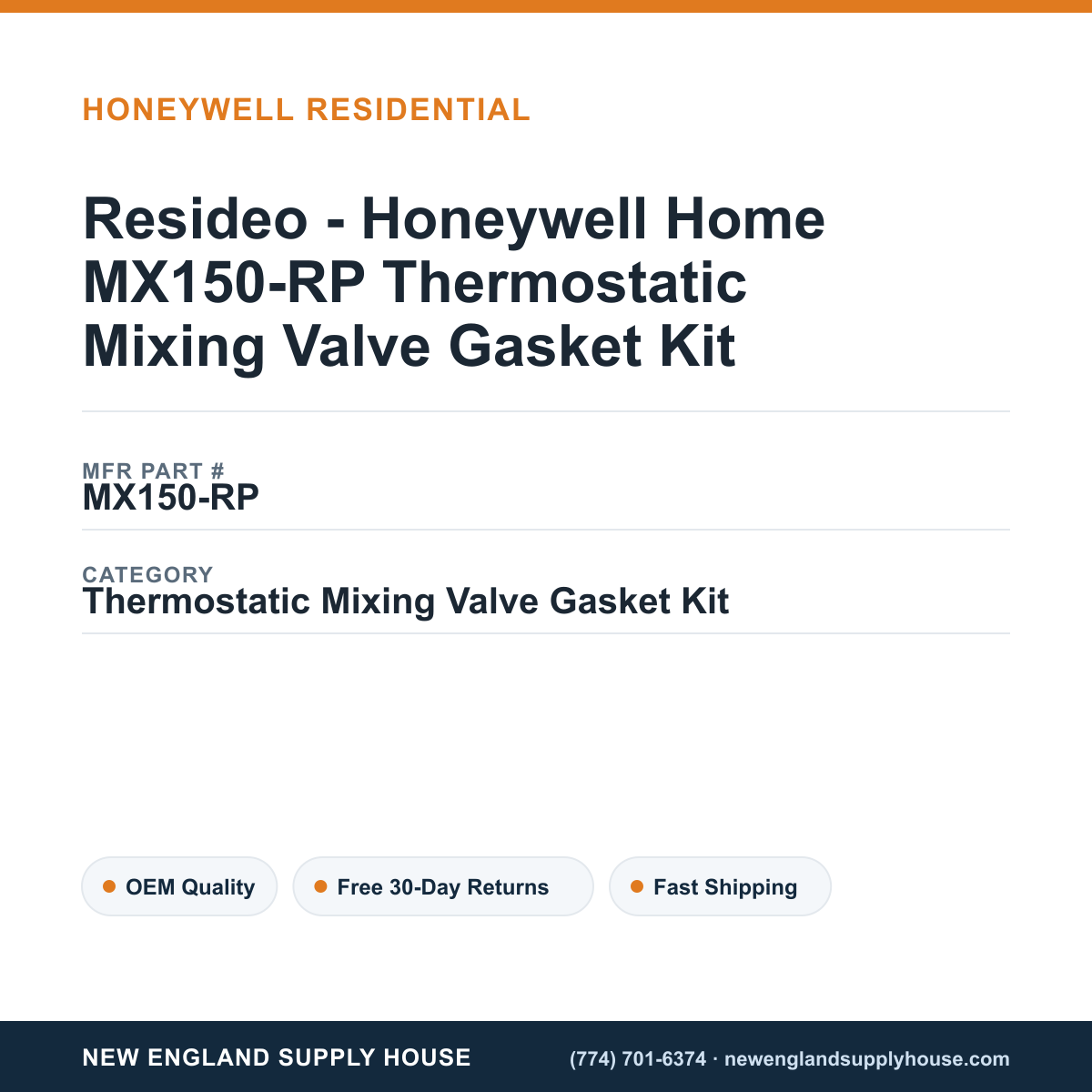 Resideo - Honeywell Home MX150-RP Thermostatic Mixing Valve Gasket Kit — New England Supply House spec card [NESH-SPEC-CARD-V2]