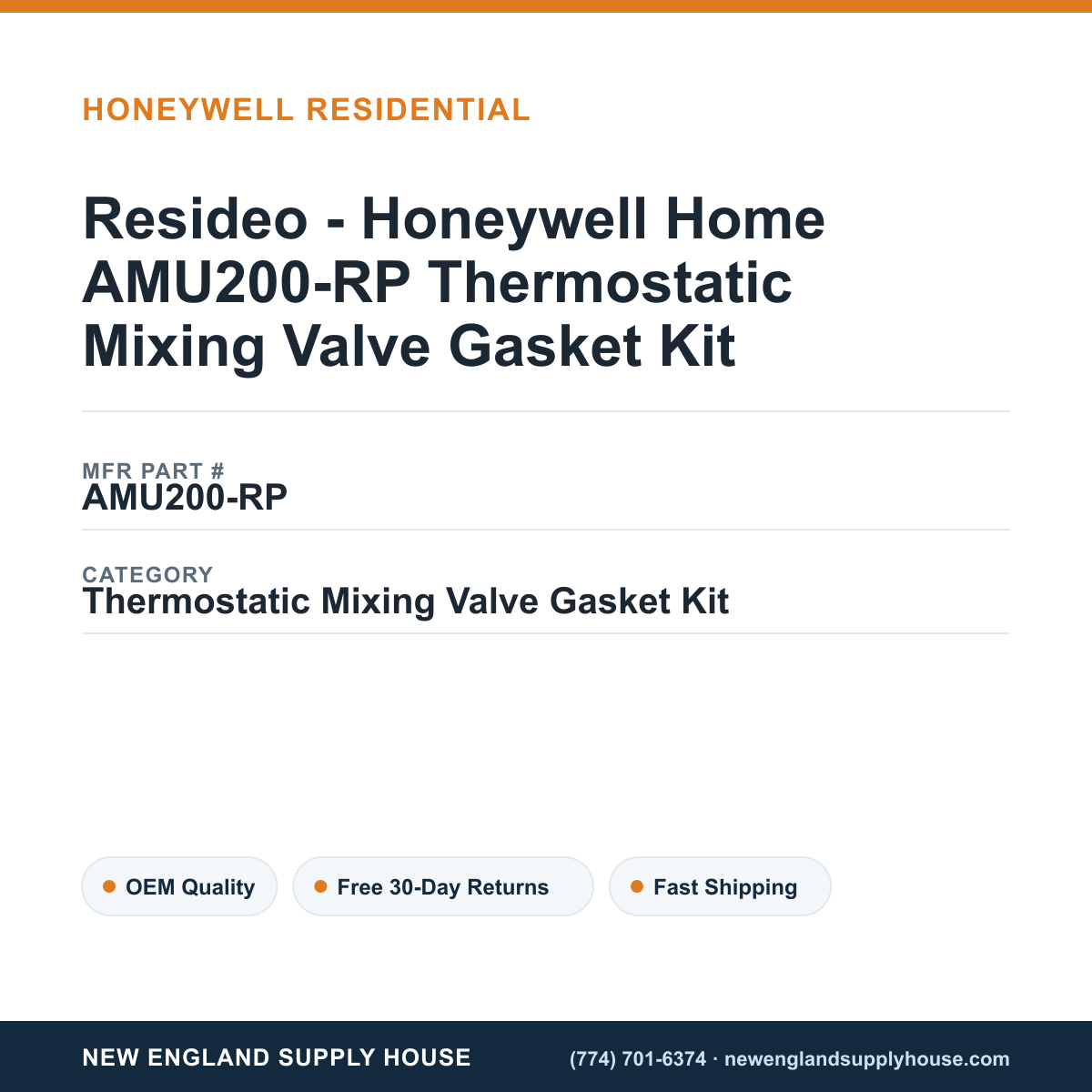 Resideo - Honeywell Home AMU200-RP Thermostatic Mixing Valve Gasket Kit — New England Supply House spec card [NESH-SPEC-CARD-V2]