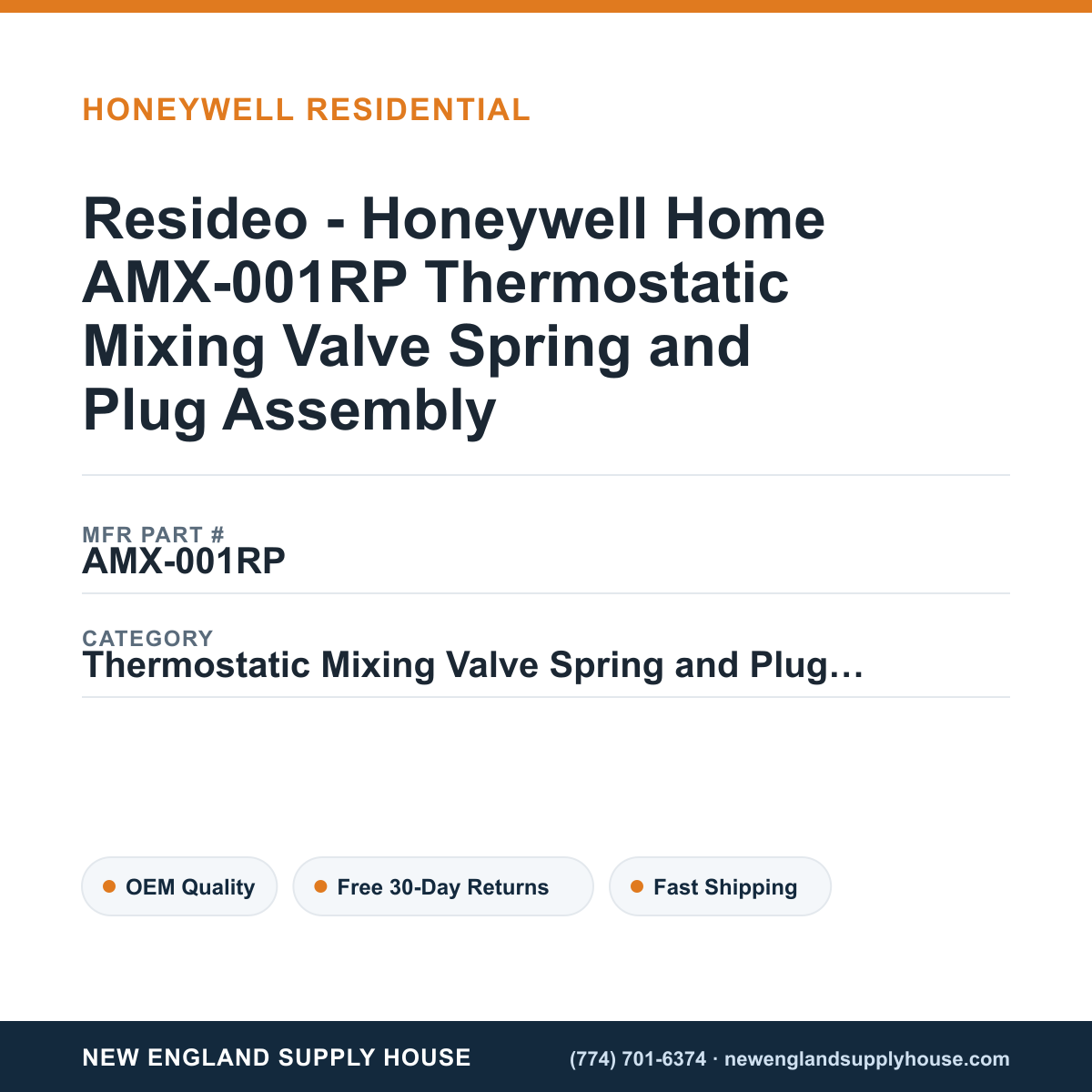 Resideo - Honeywell Home AMX-001RP Thermostatic Mixing Valve Spring and Plug Assembly — New England Supply House spec card [NESH-SPEC-CARD-V2]