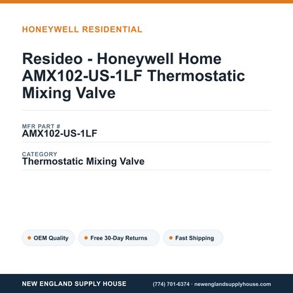 Resideo - Honeywell Home AMX102-US-1LF Thermostatic Mixing Valve — New England Supply House spec card [NESH-SPEC-CARD-V2]