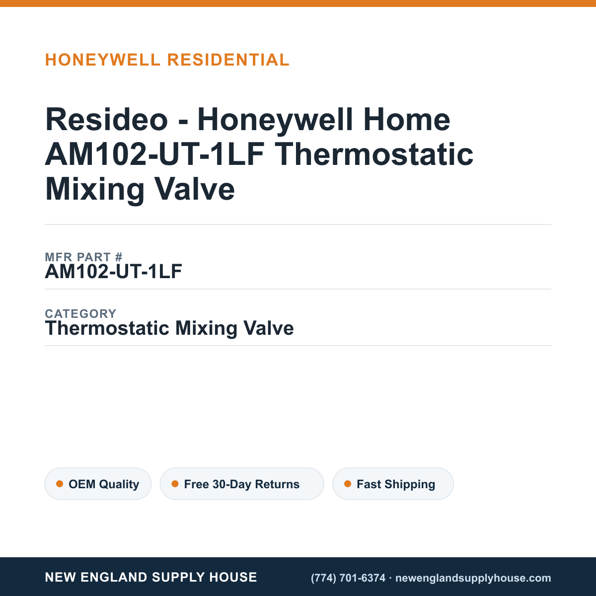 Resideo - Honeywell Home AM102-UT-1LF Thermostatic Mixing Valve — New England Supply House spec card [NESH-SPEC-CARD-V2]