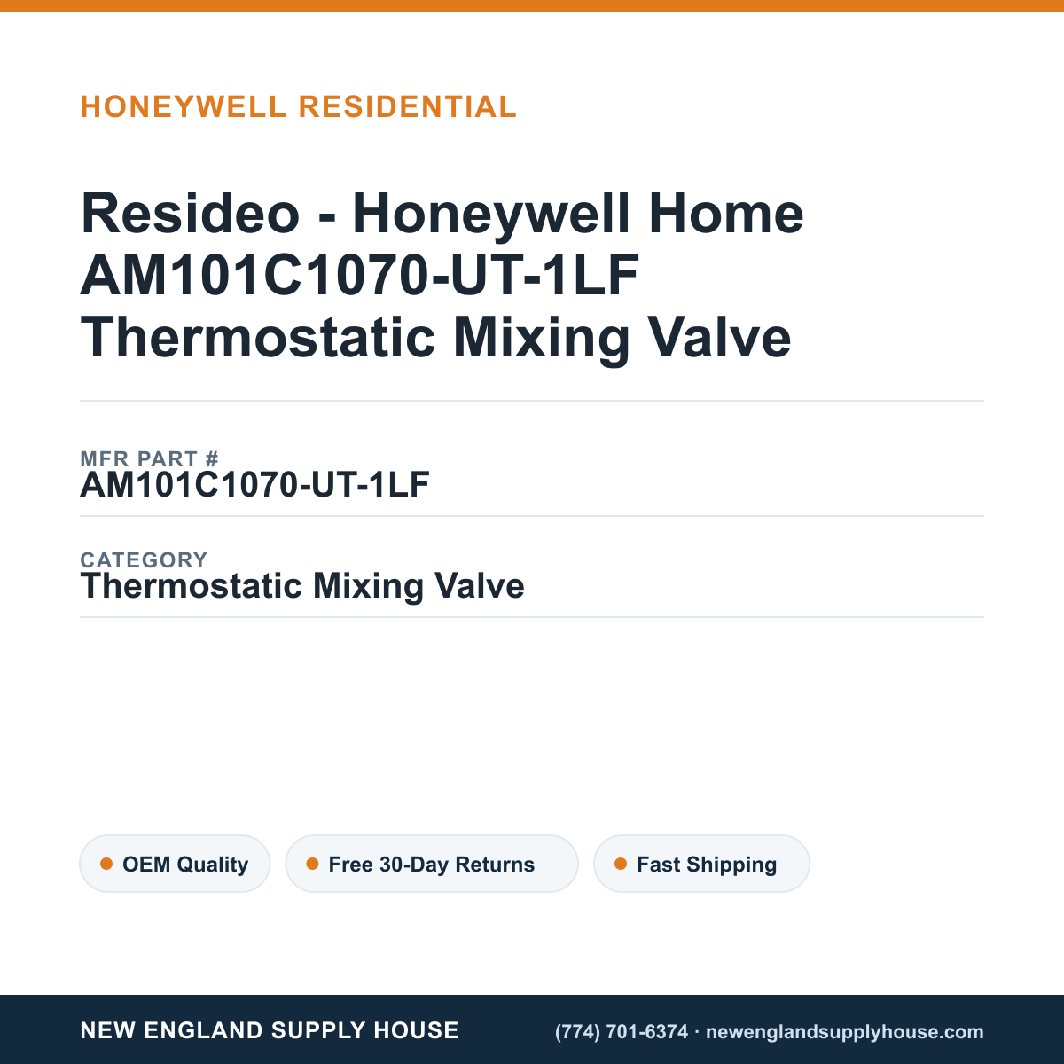 Resideo - Honeywell Home AM101C1070-UT-1LF Thermostatic Mixing Valve — New England Supply House spec card [NESH-SPEC-CARD-V2]