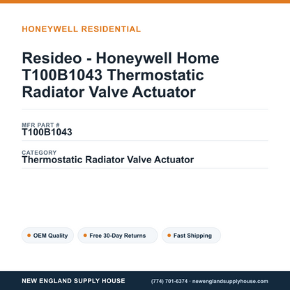 Resideo - Honeywell Home T100B1043 Thermostatic Radiator Valve Actuator — New England Supply House spec card [NESH-SPEC-CARD-V2]