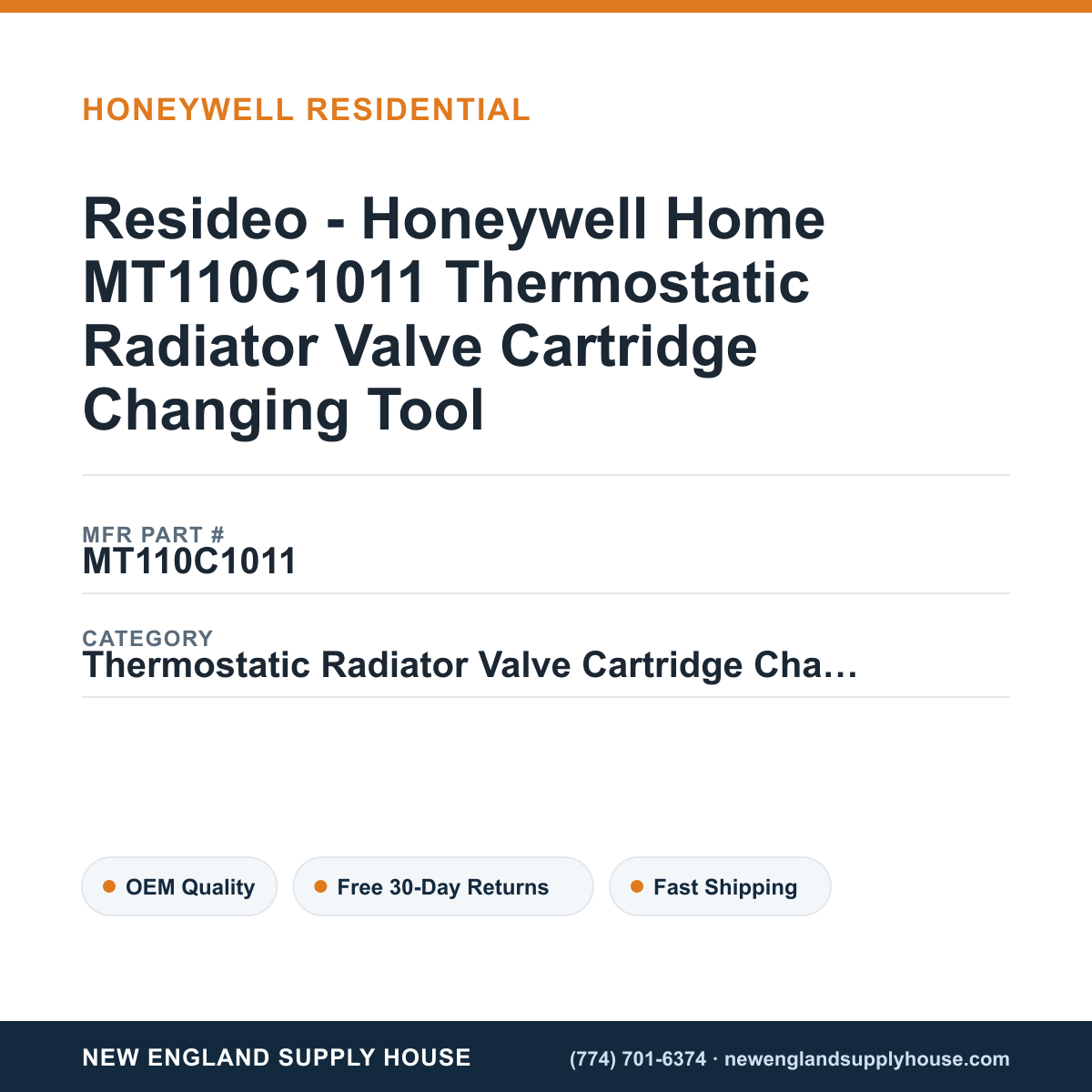 Resideo - Honeywell Home MT110C1011 Thermostatic Radiator Valve Cartridge Changing Tool — New England Supply House spec card [NESH-SPEC-CARD-V2]