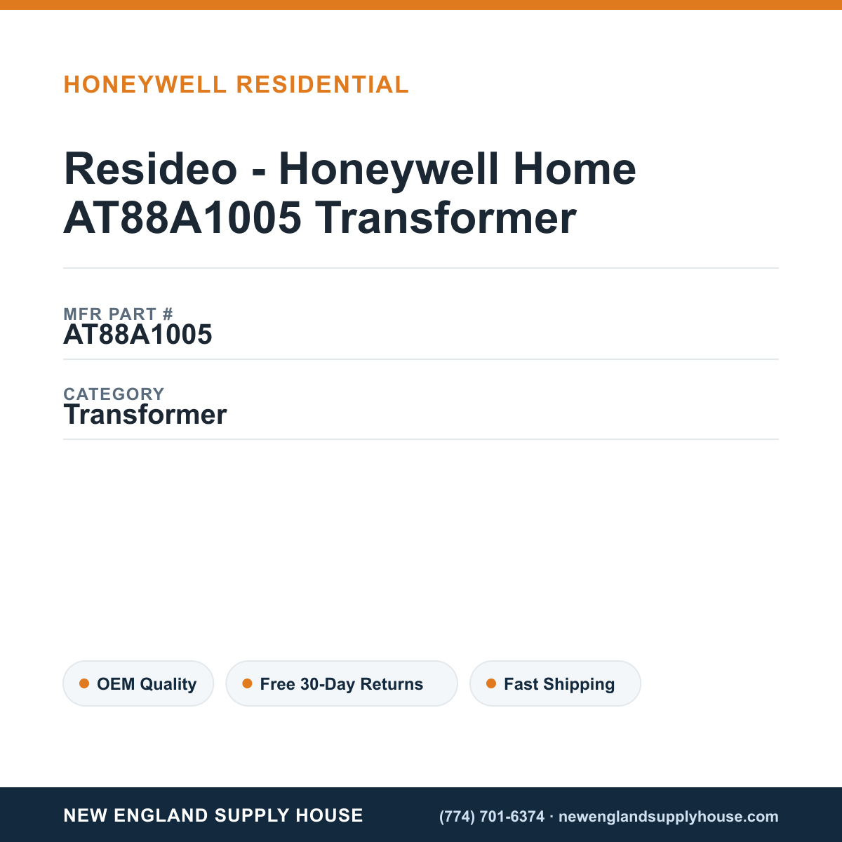 Resideo - Honeywell Home AT88A1005 Transformer — New England Supply House spec card [NESH-SPEC-CARD-V2]