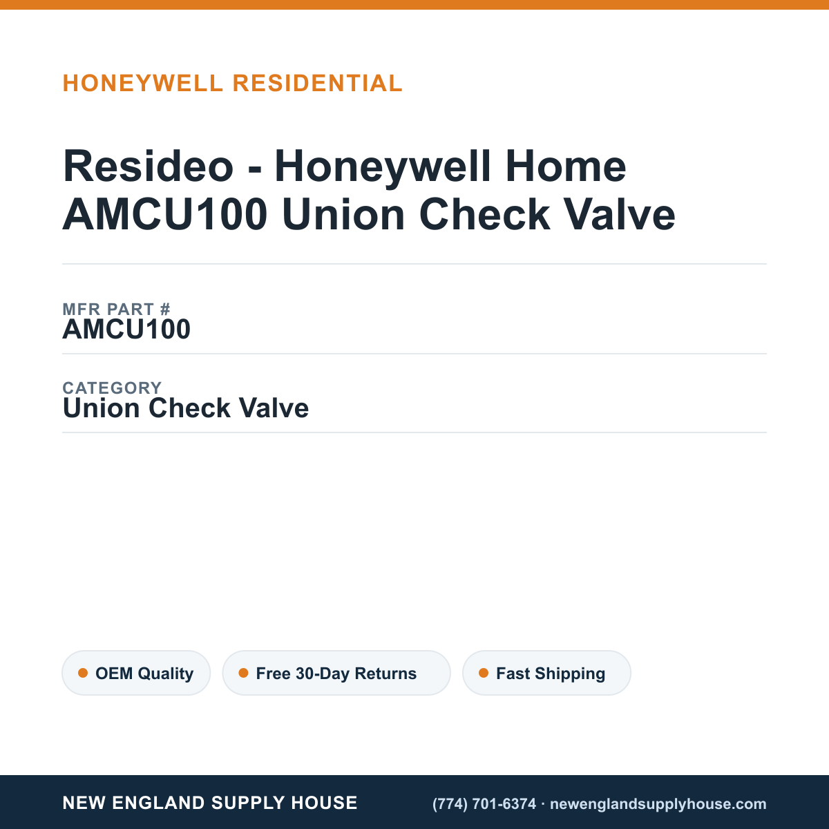 Resideo - Honeywell Home AMCU100 Union Check Valve — New England Supply House spec card [NESH-SPEC-CARD-V2]