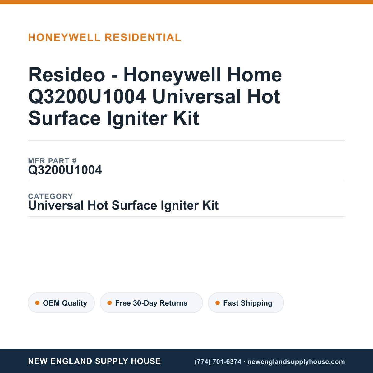 Resideo - Honeywell Home Q3200U1004 Universal Hot Surface Igniter Kit — New England Supply House spec card [NESH-SPEC-CARD-V2]