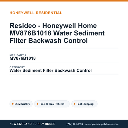 Resideo - Honeywell Home MV876B1018 Water Sediment Filter Backwash Control — New England Supply House spec card [NESH-SPEC-CARD-V2]
