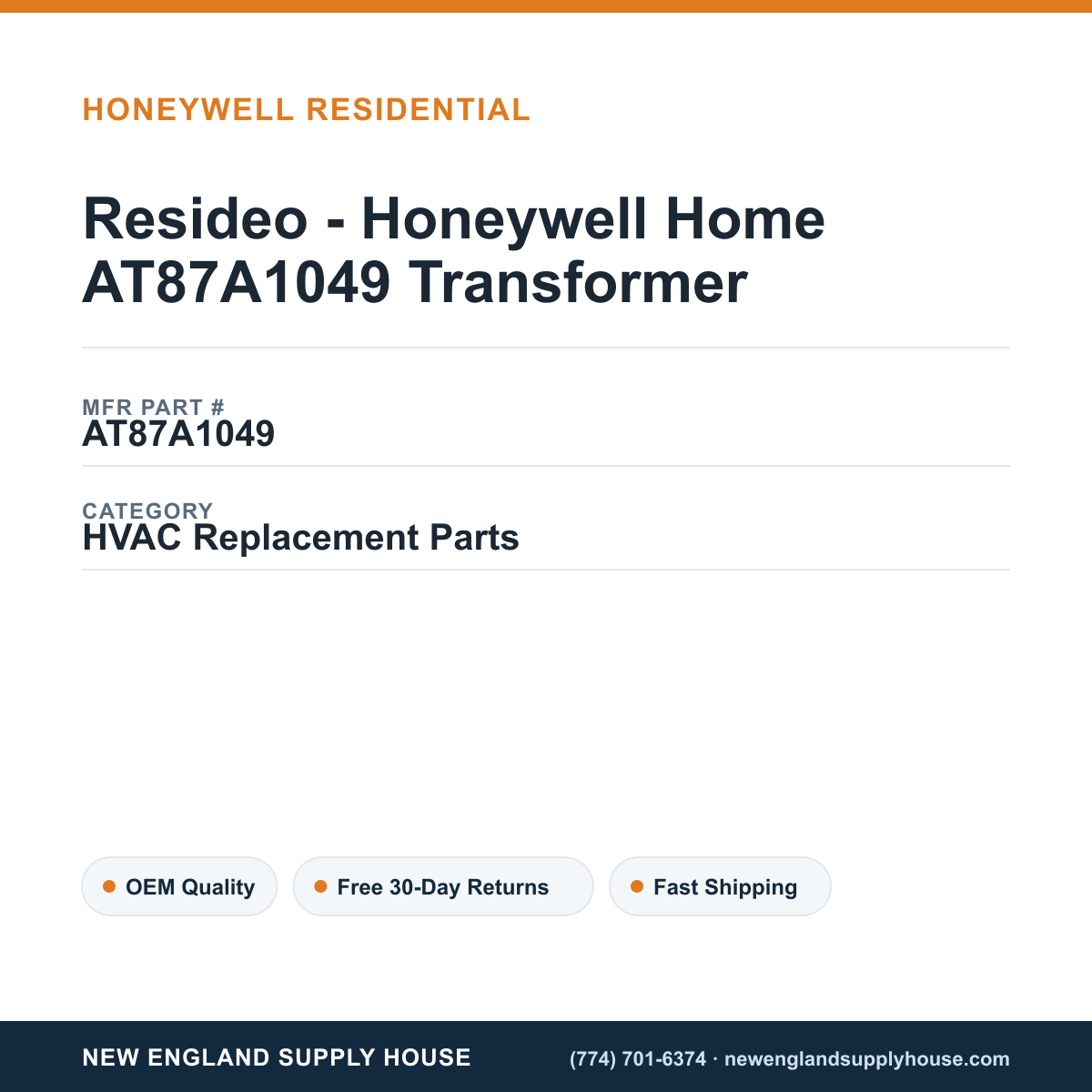 Resideo - Honeywell Home AT87A1049 Transformer — New England Supply House spec card [NESH-SPEC-CARD-V2]
