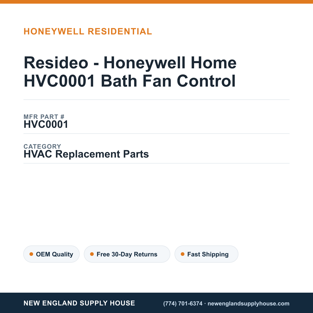 Resideo - Honeywell Home HVC0001 Bath Fan Control — New England Supply House spec card [NESH-SPEC-CARD-V2]